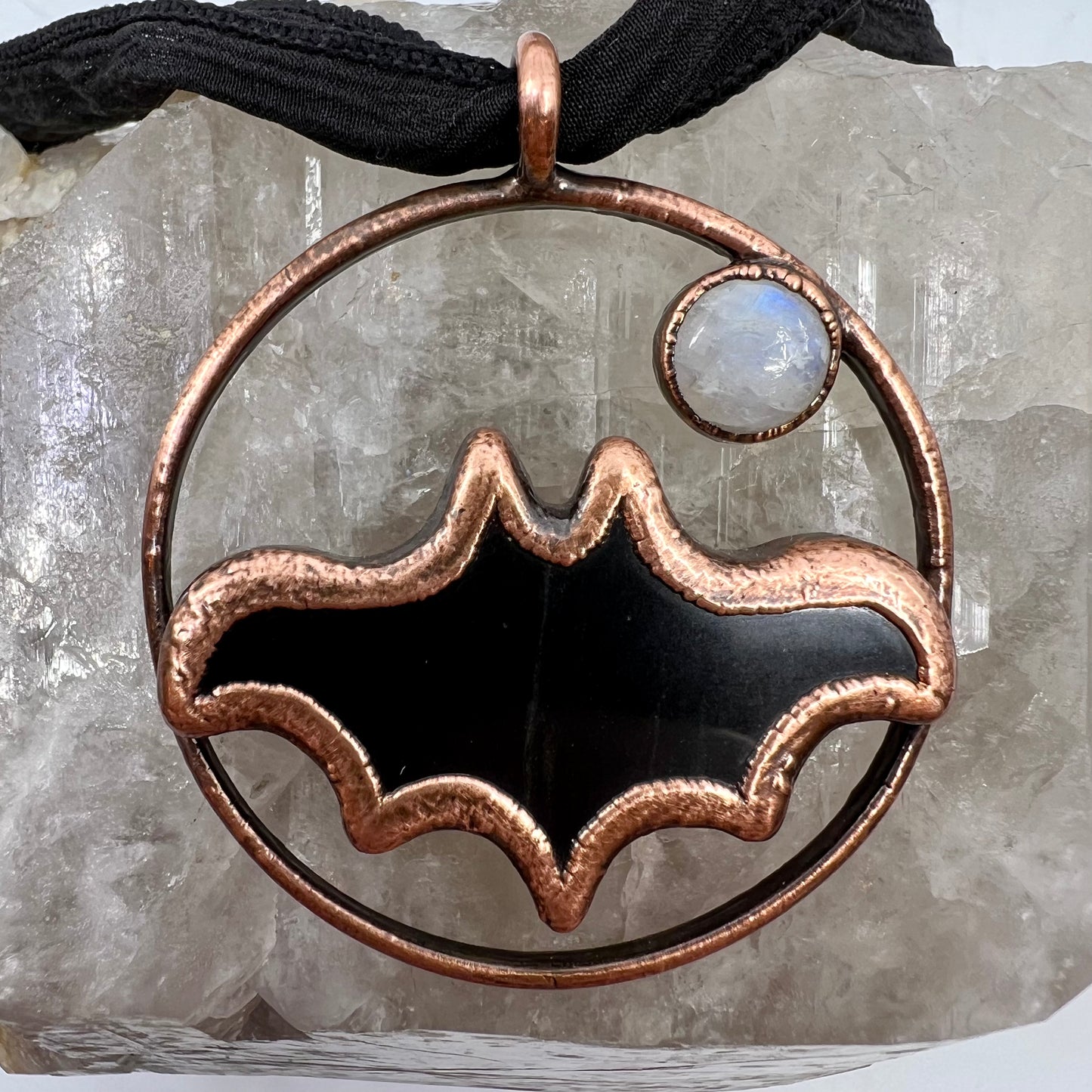 Obsidian Bat with Moonstone Accent - Copper Electroformed