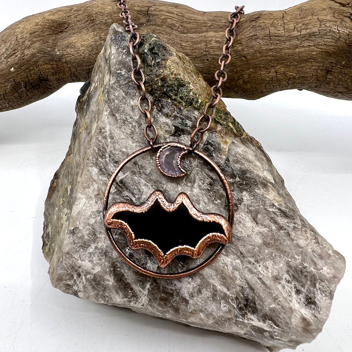 Obsidian Bat with Amethyst Accent - Copper Electroformed