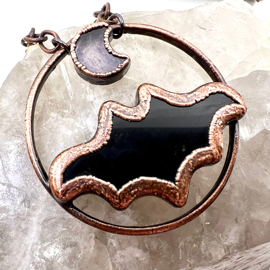 Obsidian Bat with Amethyst Accent - Copper Electroformed