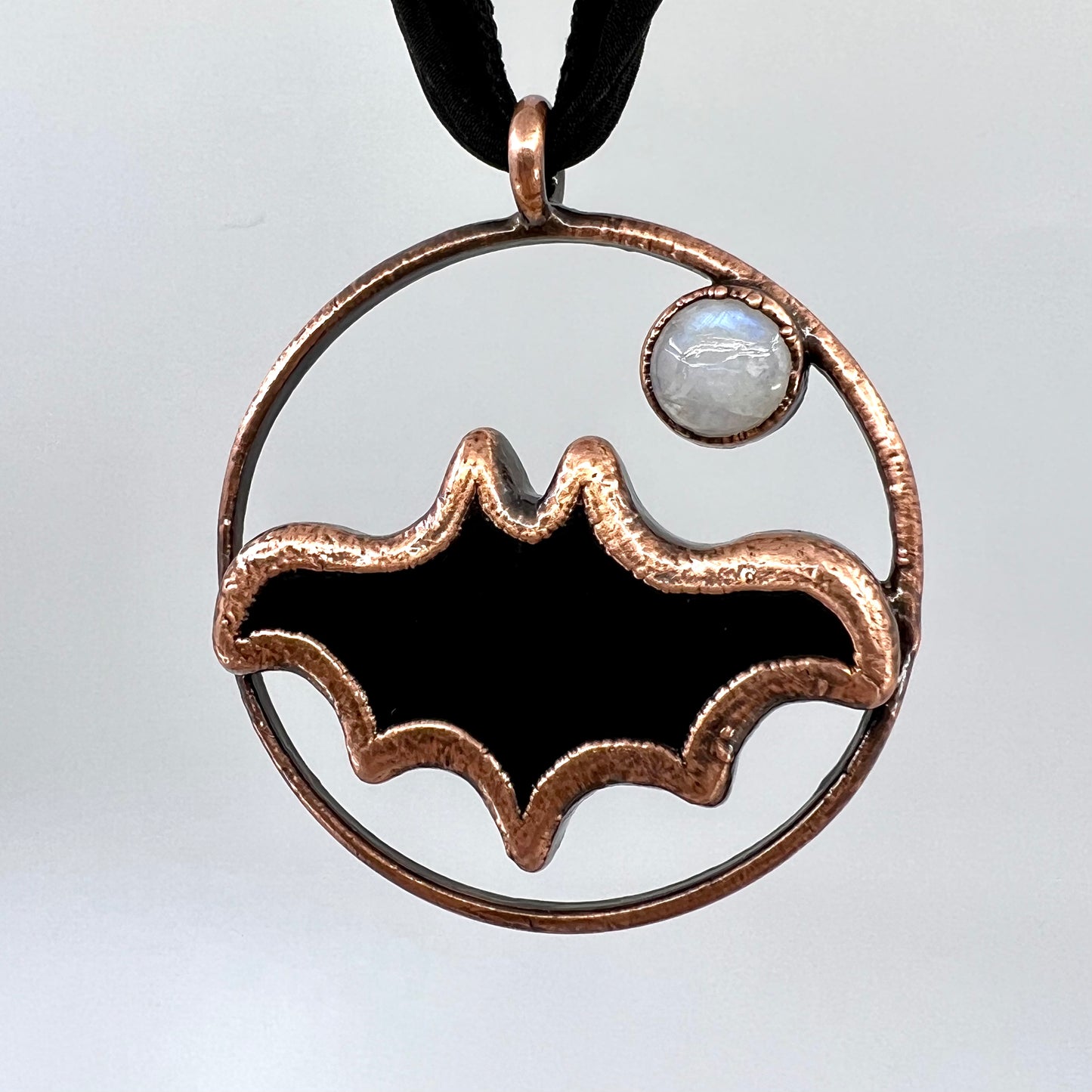 Obsidian Bat with Moonstone Accent - Copper Electroformed