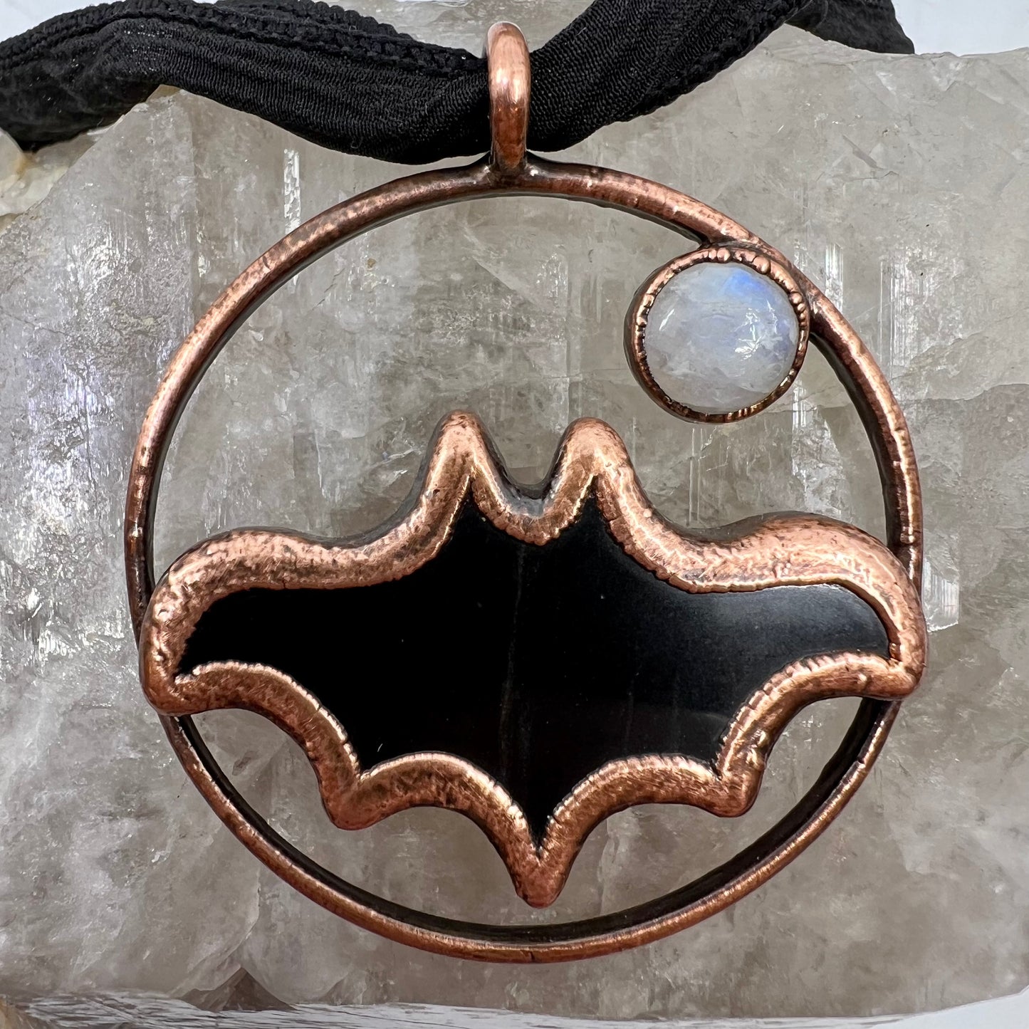 Obsidian Bat with Moonstone Accent - Copper Electroformed