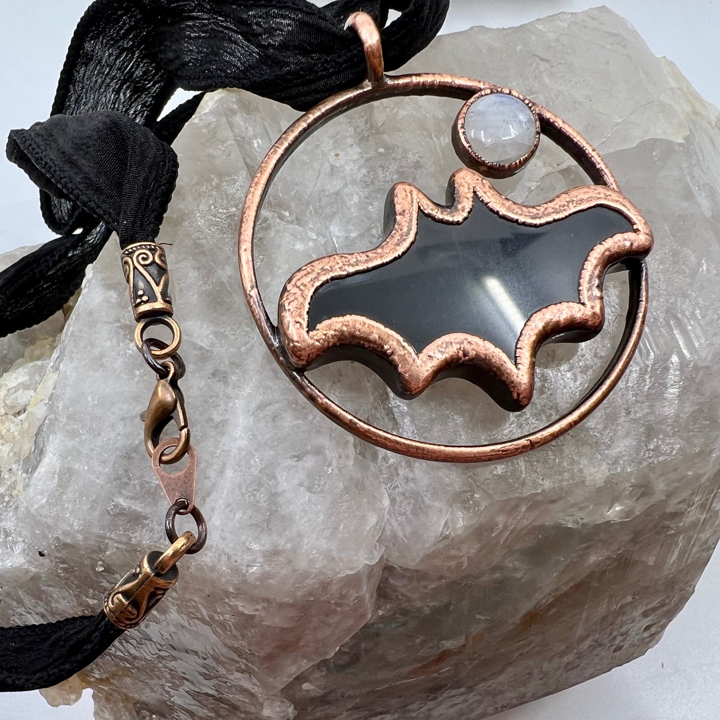 Obsidian Bat with Moonstone Accent - Copper Electroformed