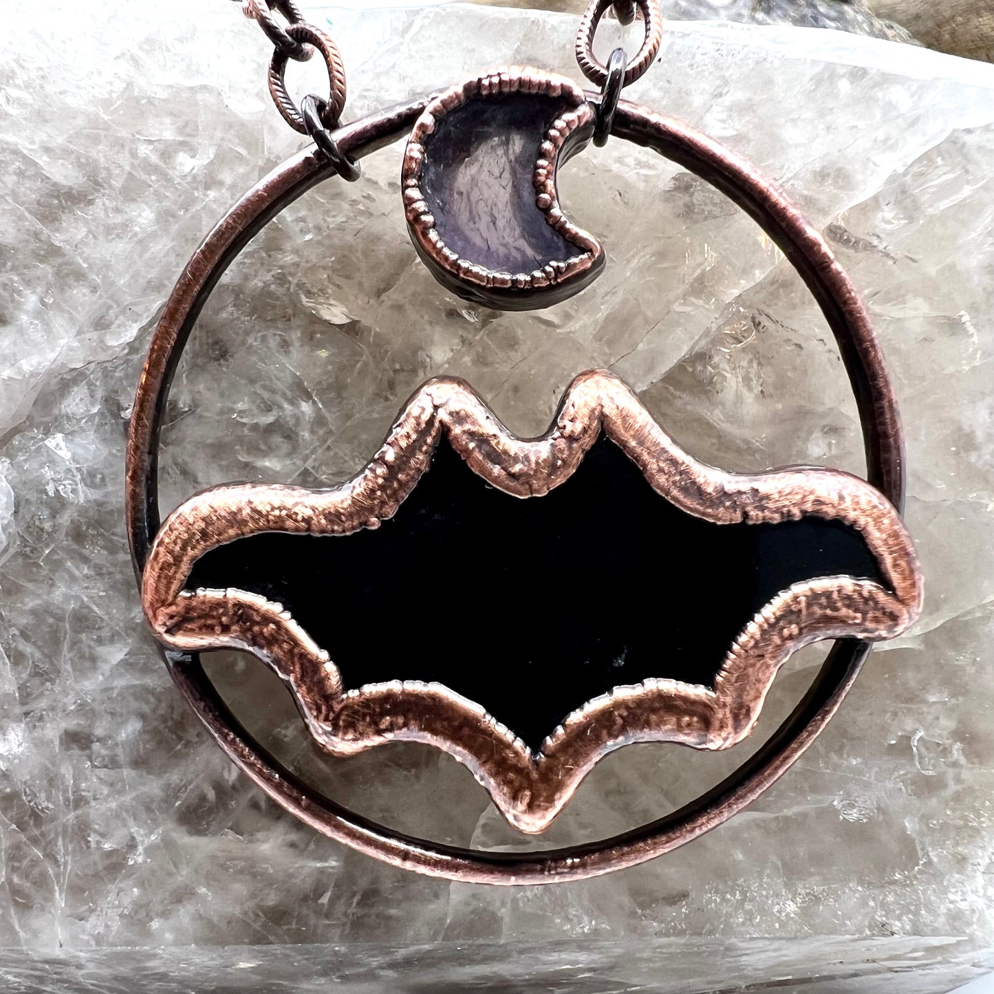 Obsidian Bat with Amethyst Accent - Copper Electroformed