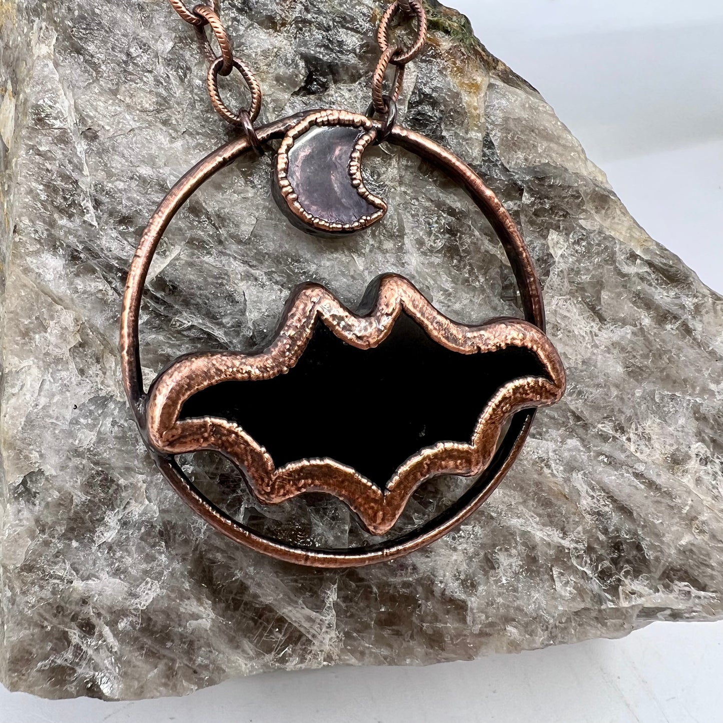 Obsidian Bat with Amethyst Accent - Copper Electroformed