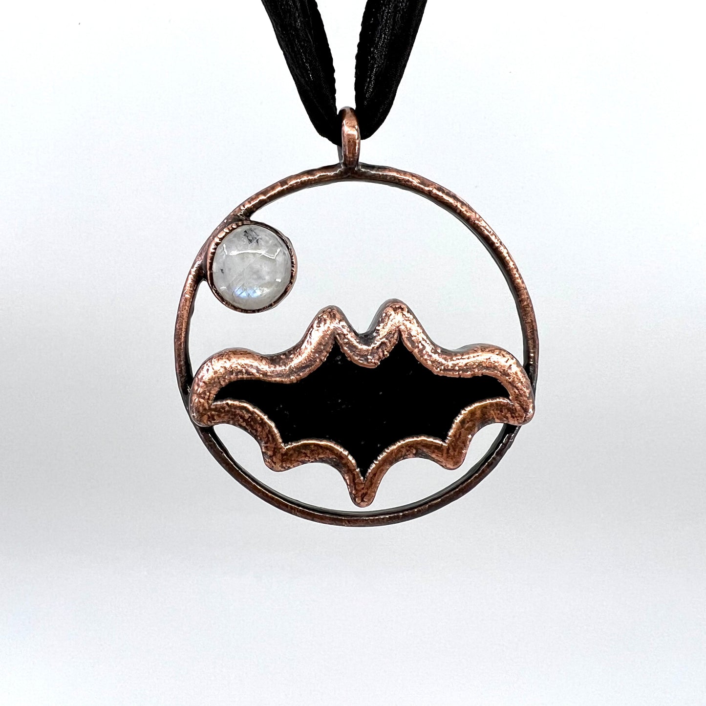 Obsidian Bat with Moonstone Accent - Copper Electroformed