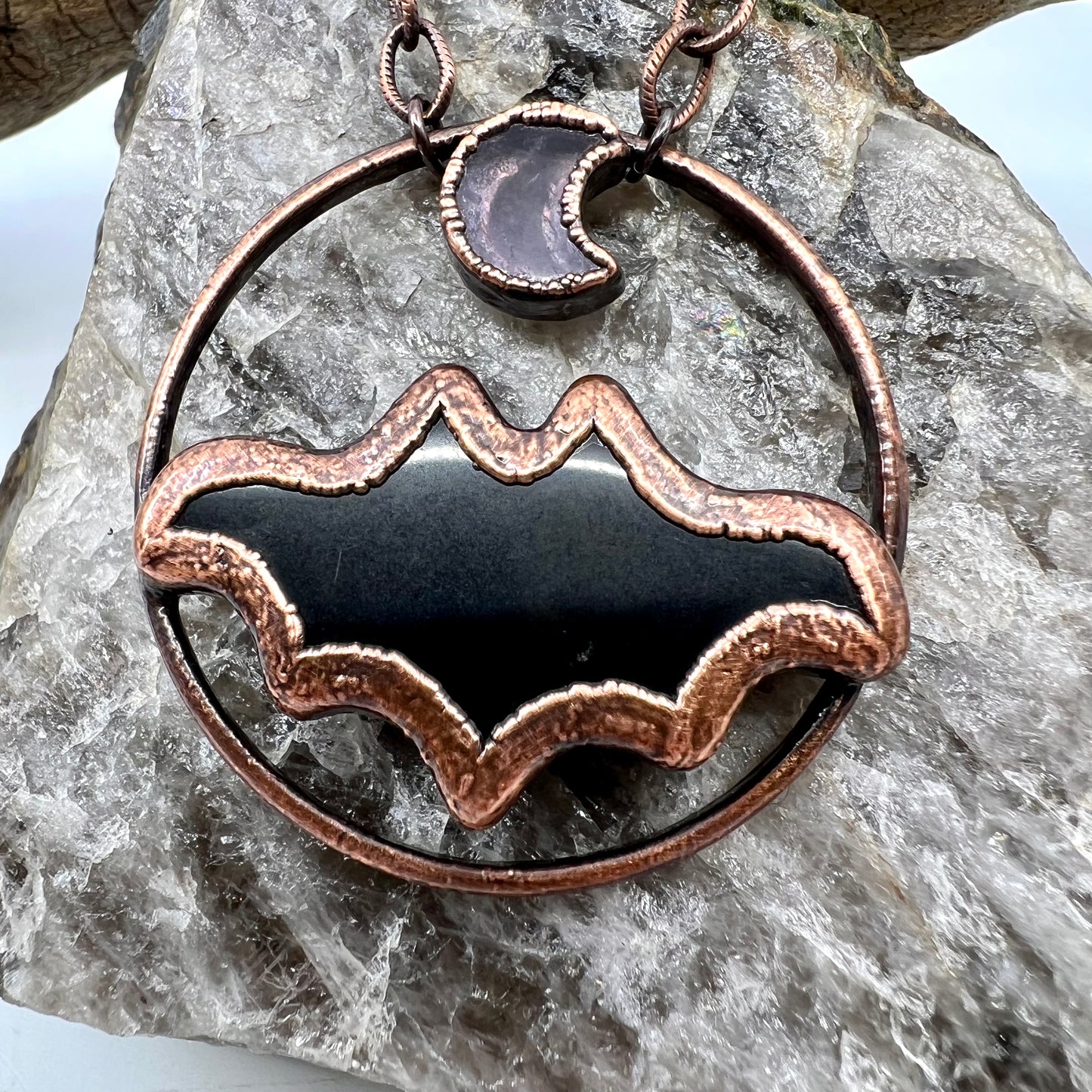 Obsidian Bat with Amethyst Accent - Copper Electroformed