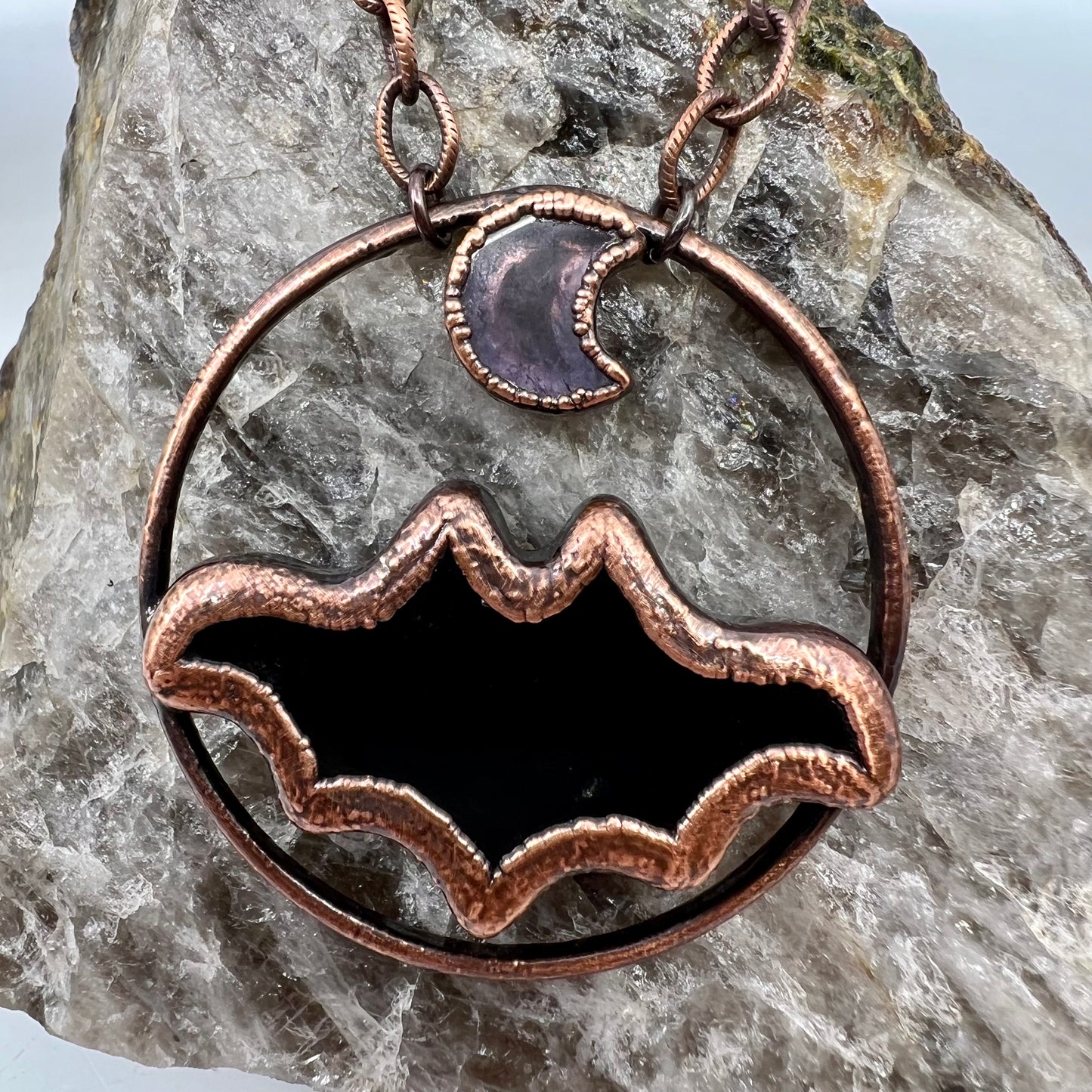 Obsidian Bat with Amethyst Accent - Copper Electroformed