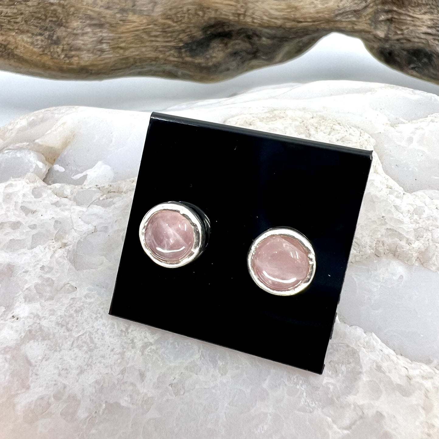 Rose Quartz Stud Earrings, Silver Plated - Copper Electroformed