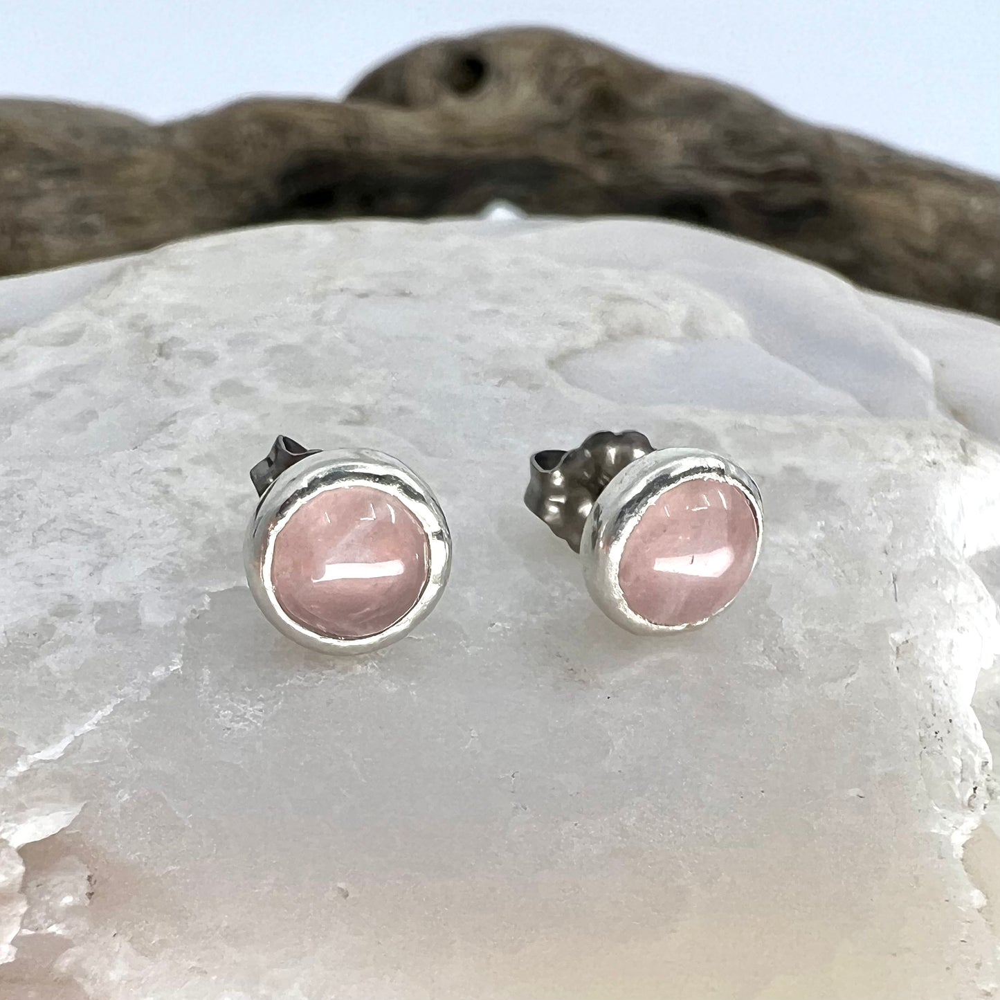 Rose Quartz Stud Earrings, Silver Plated - Copper Electroformed