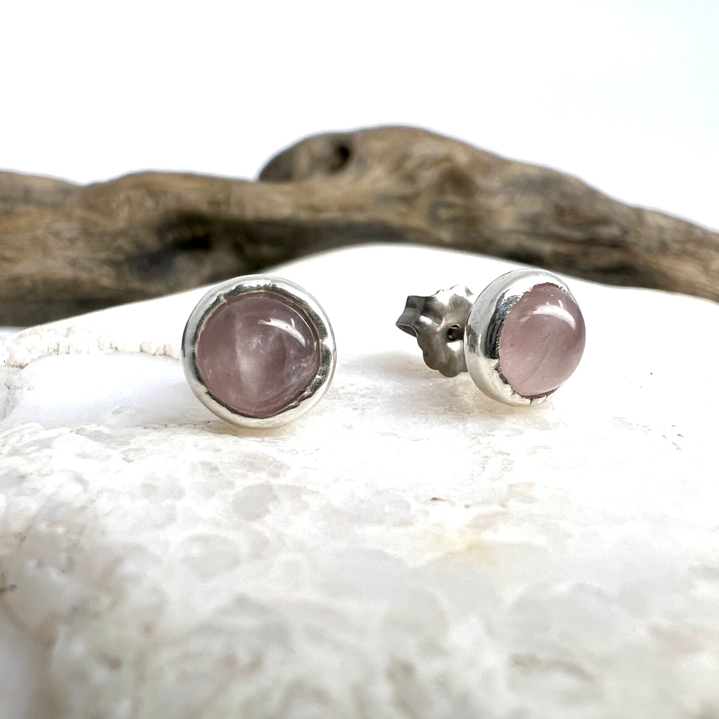 Rose Quartz Stud Earrings, Silver Plated - Copper Electroformed