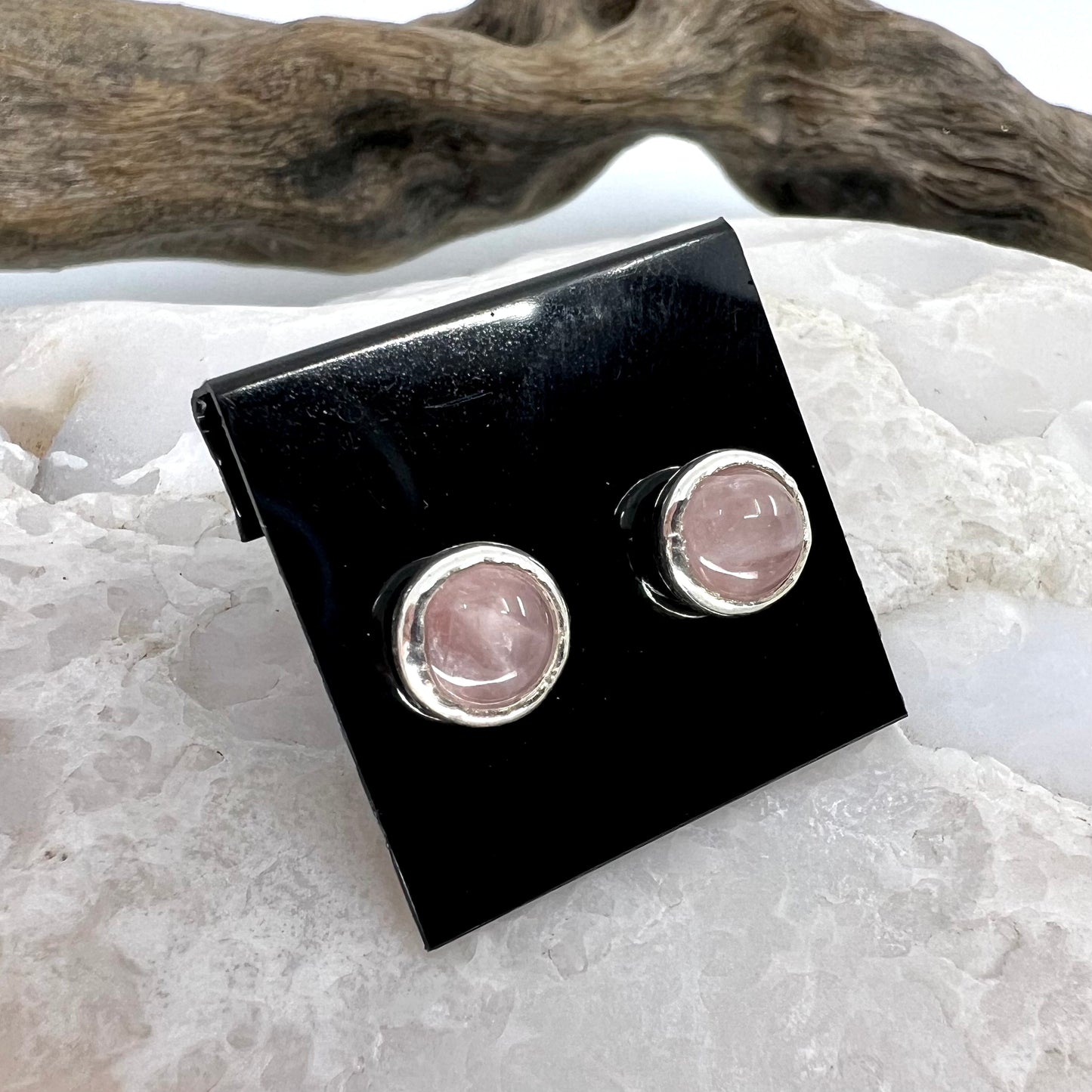 Rose Quartz Stud Earrings, Silver Plated - Copper Electroformed