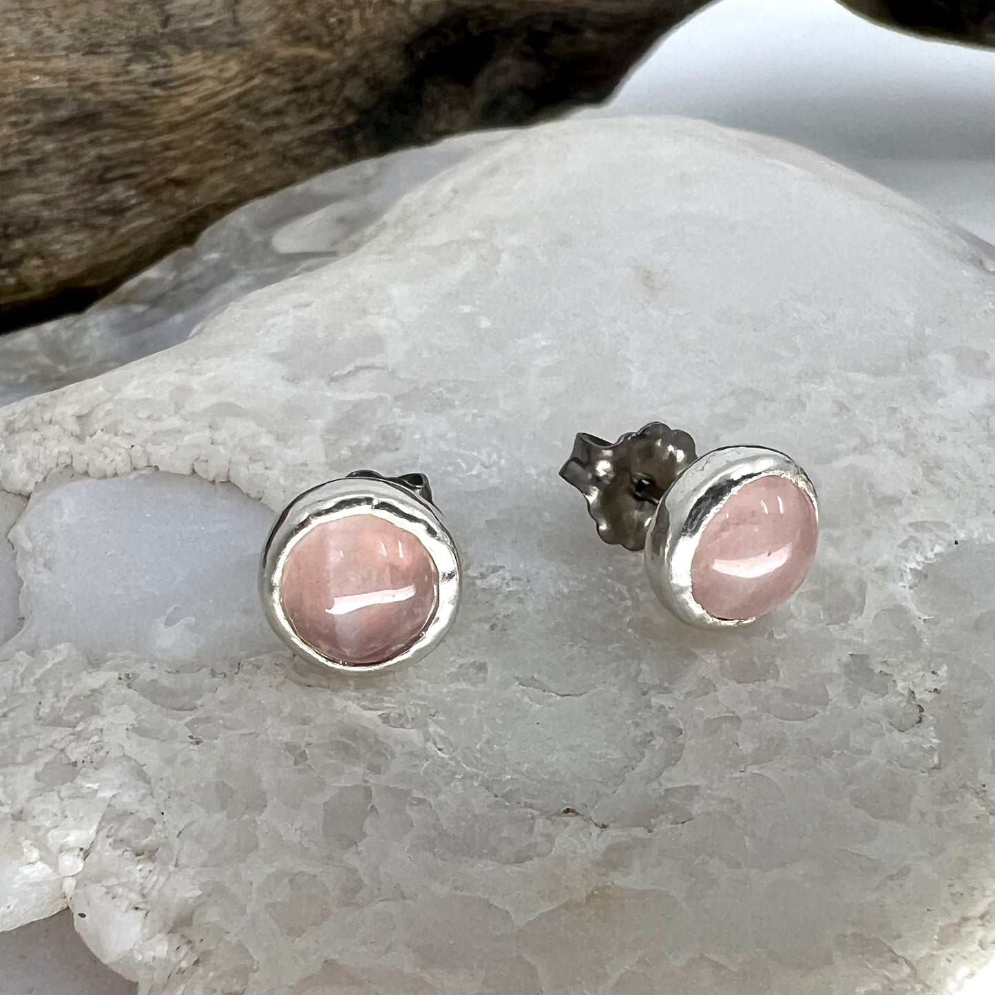 Rose Quartz Stud Earrings, Silver Plated - Copper Electroformed