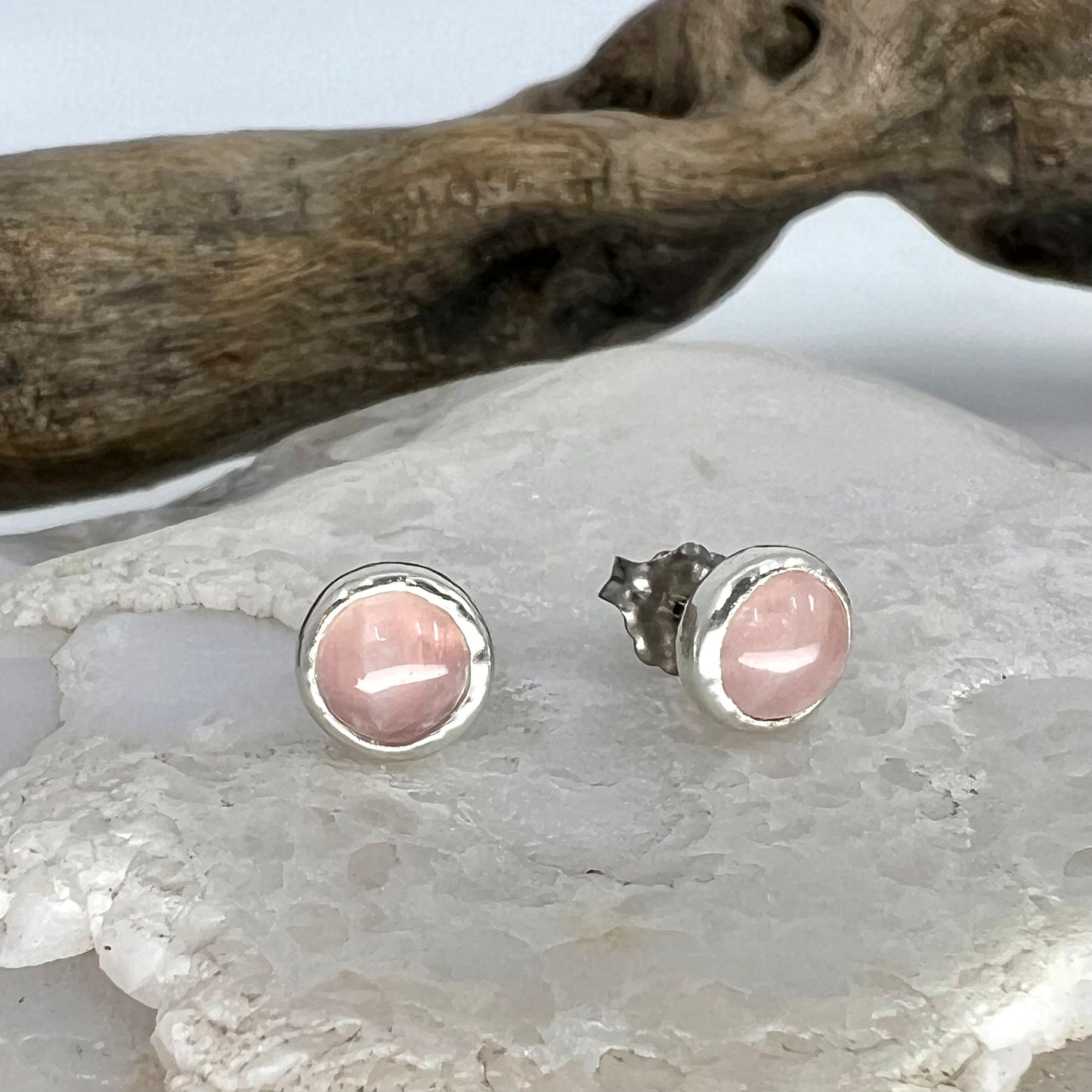 Rose Quartz Stud Earrings, Silver Plated - Copper Electroformed