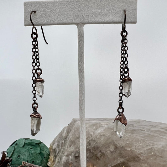 Montana Quartz Double Strand Dangle Earrings, Antique Finish - Copper Electroformed
